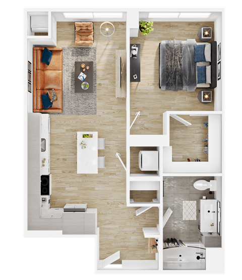 Floor plan for 1 bed, 1 bath, 724 sqft